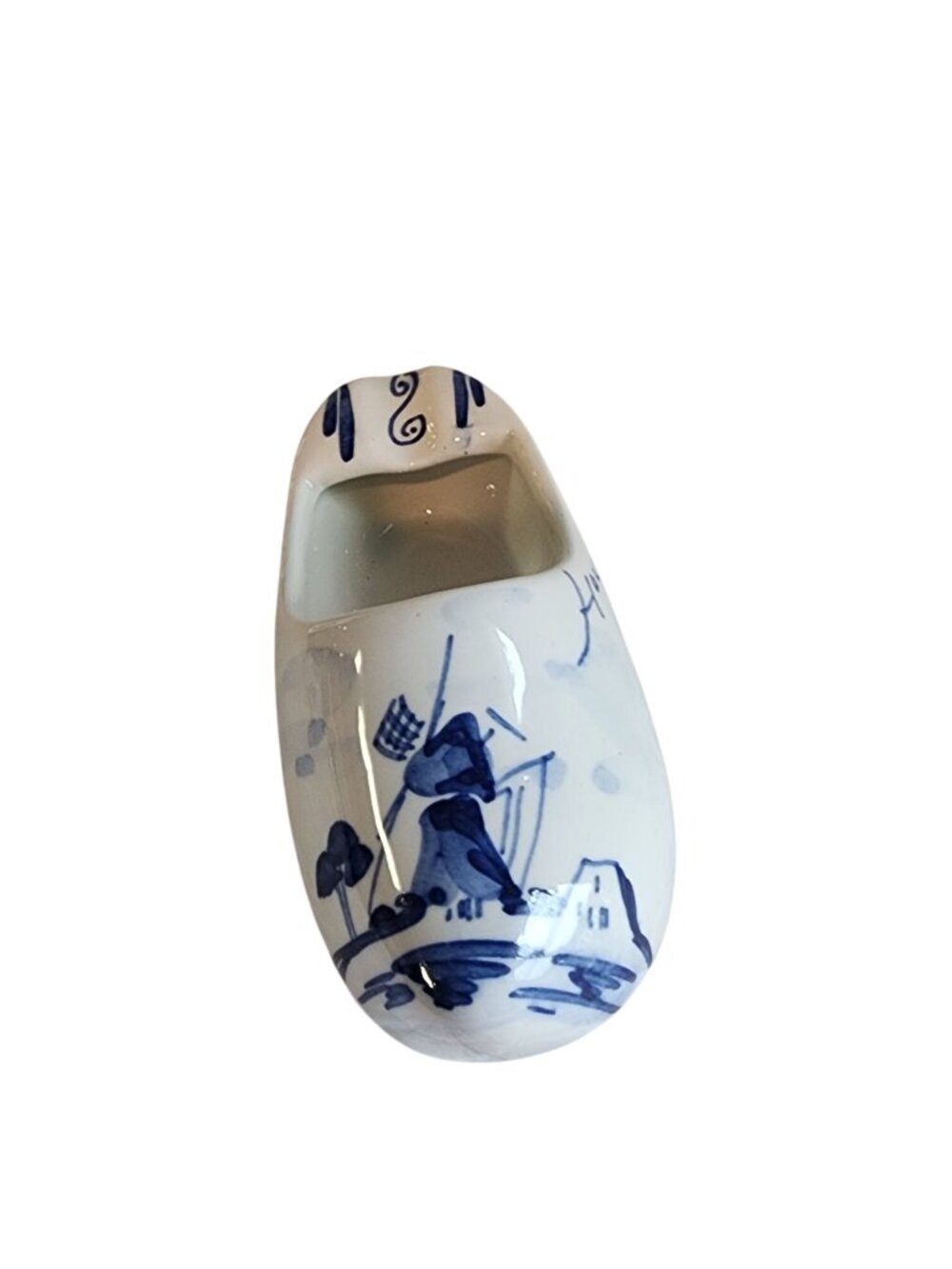 White Ceramic Delft blue souvenir clog featuring hand-painted windmill designs